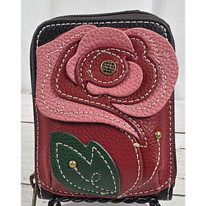 Chala Handbags Wristlet Red/Pink Rose, Full Zip, RFID Protect, PETA Approved